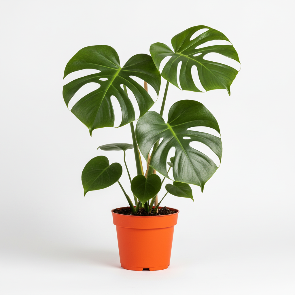 Mature Monstera Deliciosa indoor plant with abundant foliage in plastic grower 6inch pot