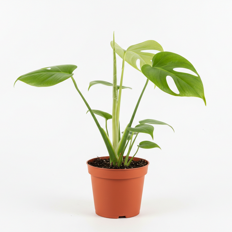 Young Monstera Deliciosa plant with developing fenestrated leaves in orange nursery pot