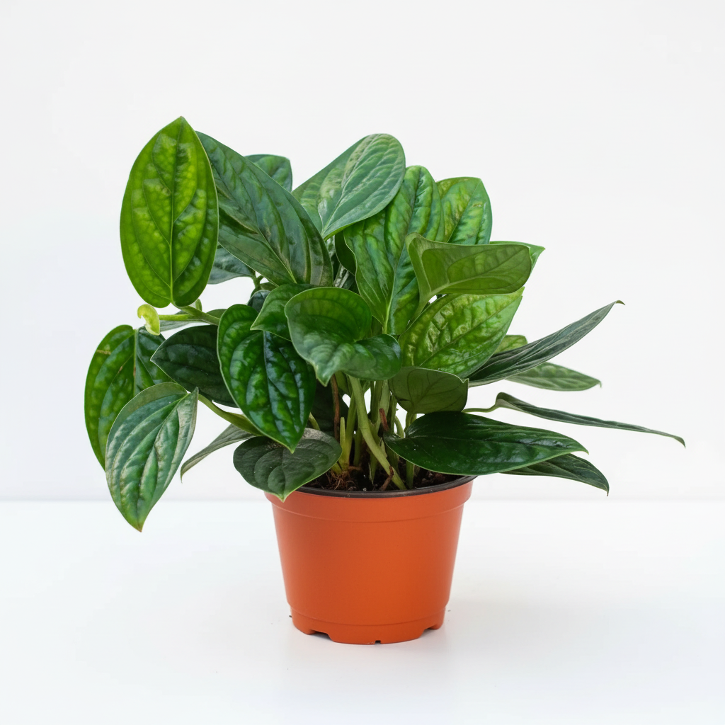 Monstera Peru houseplant with glossy green textured leaves in 4 inch orange nursery pot on white background