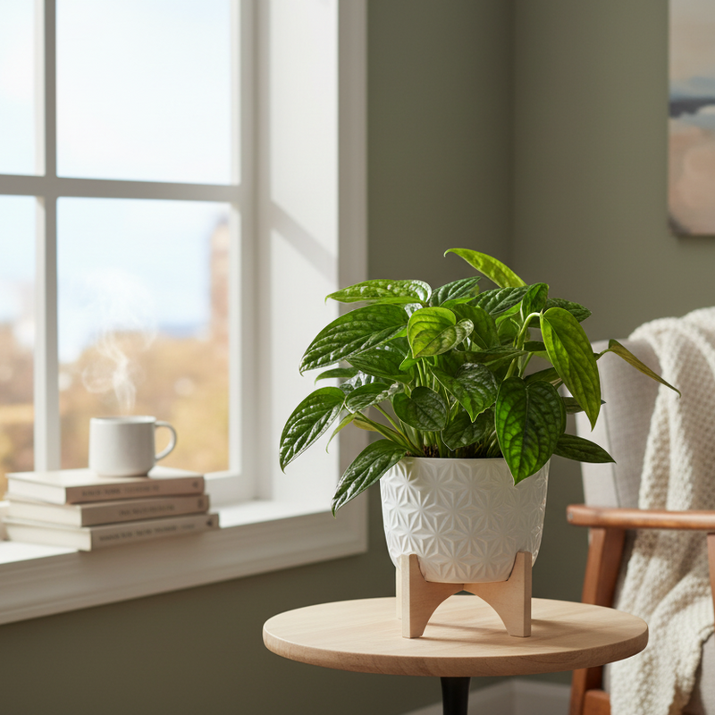 Monstera Peru plant in decorative ceramic pot styled in modern home interior with natural light