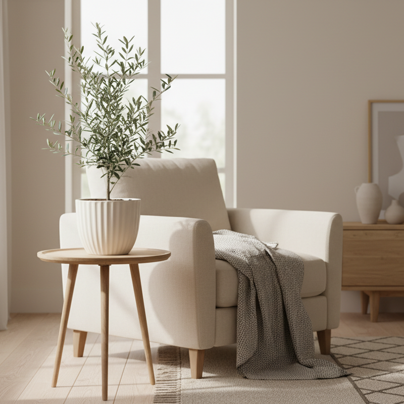 Olive Tree styled in modern living room with natural light - Mediterranean indoor plant decor inspiration by All About Planties
