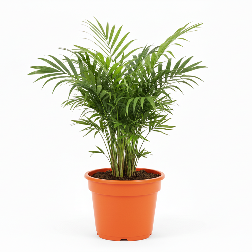 Full parlor palm plant in orange nursery pot with drainage rim, white studio background