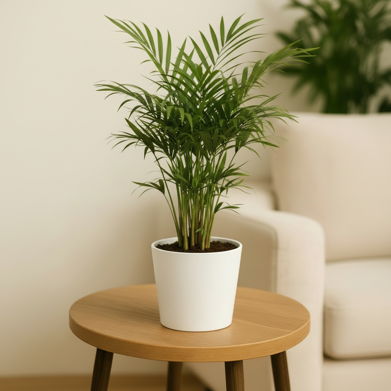 Parlor Palm in white ceramic pot on oak wood plant stand – Chamaedorea elegans indoor houseplant