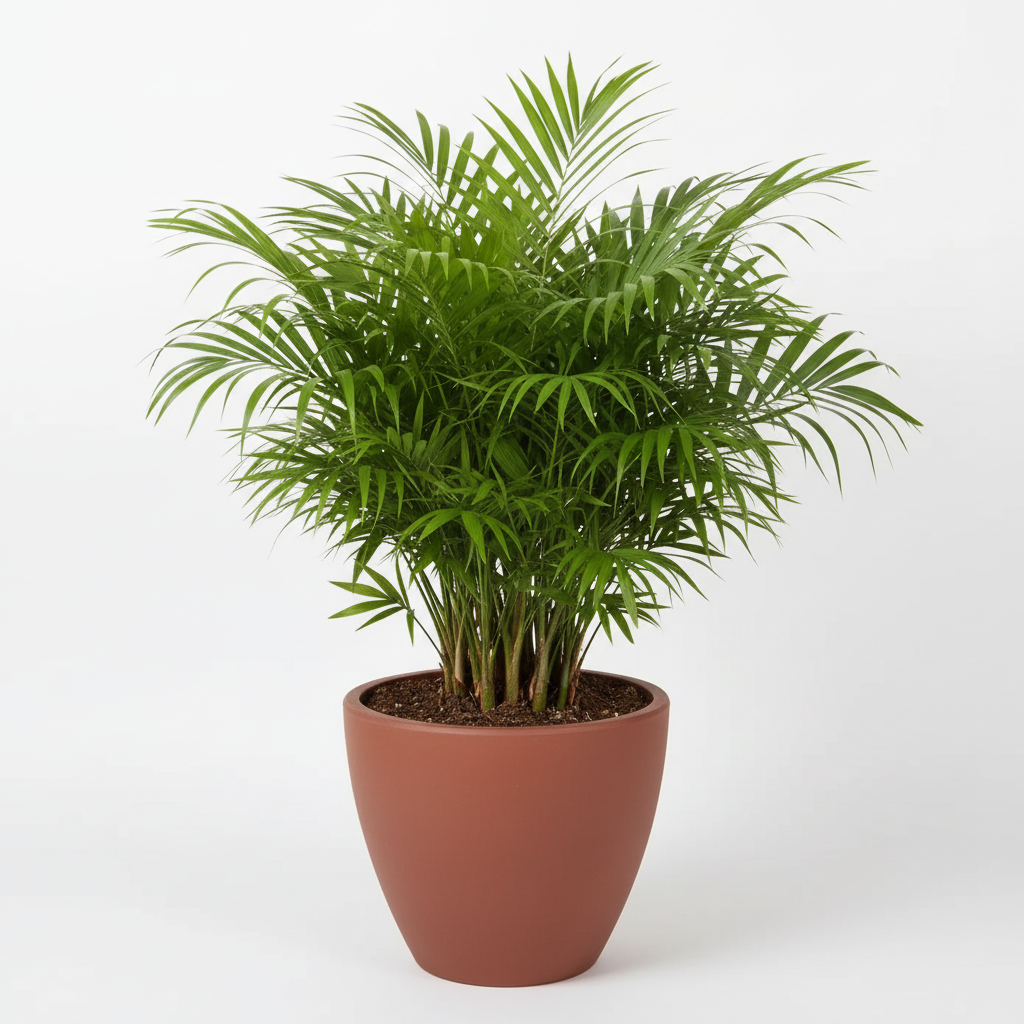 Parlor palm in matte terracotta eco pot on white background — indoor houseplant
