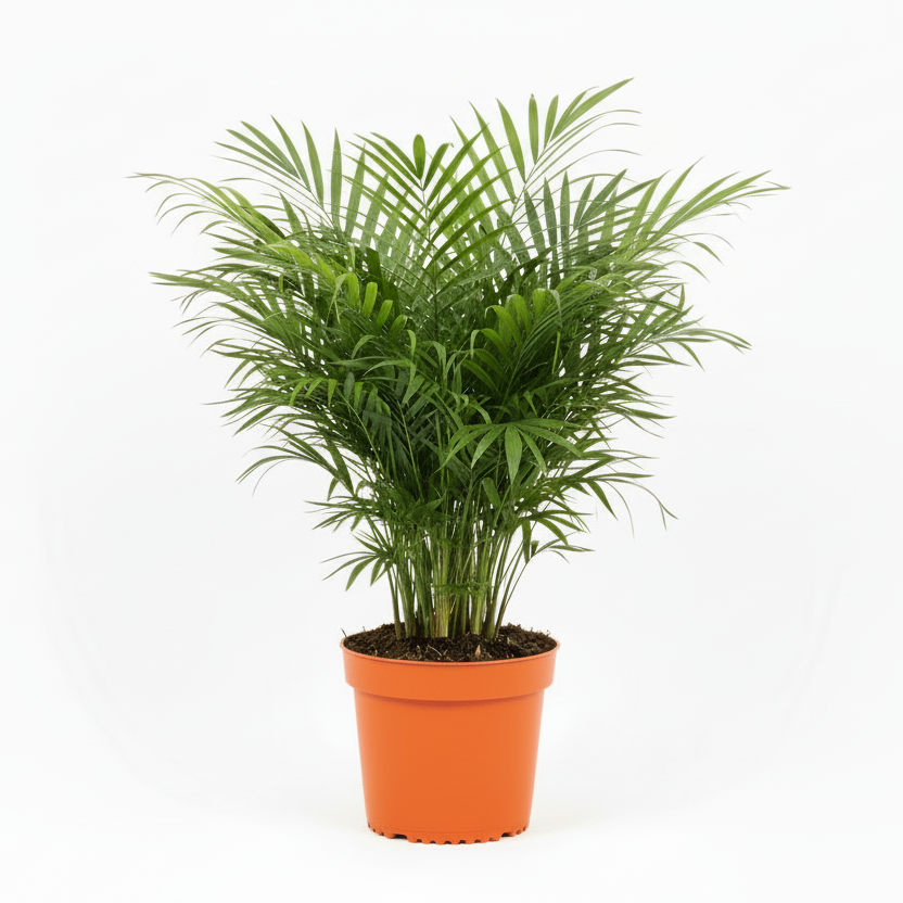 Parlor palm in bright orange classic nursery pot with rim on white background
