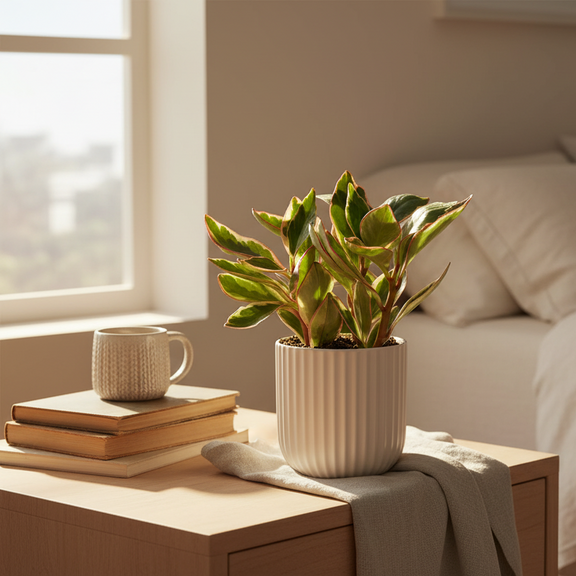 Peperomia Ginny in decorative pot on bedside table - small indoor plant home decor ideas