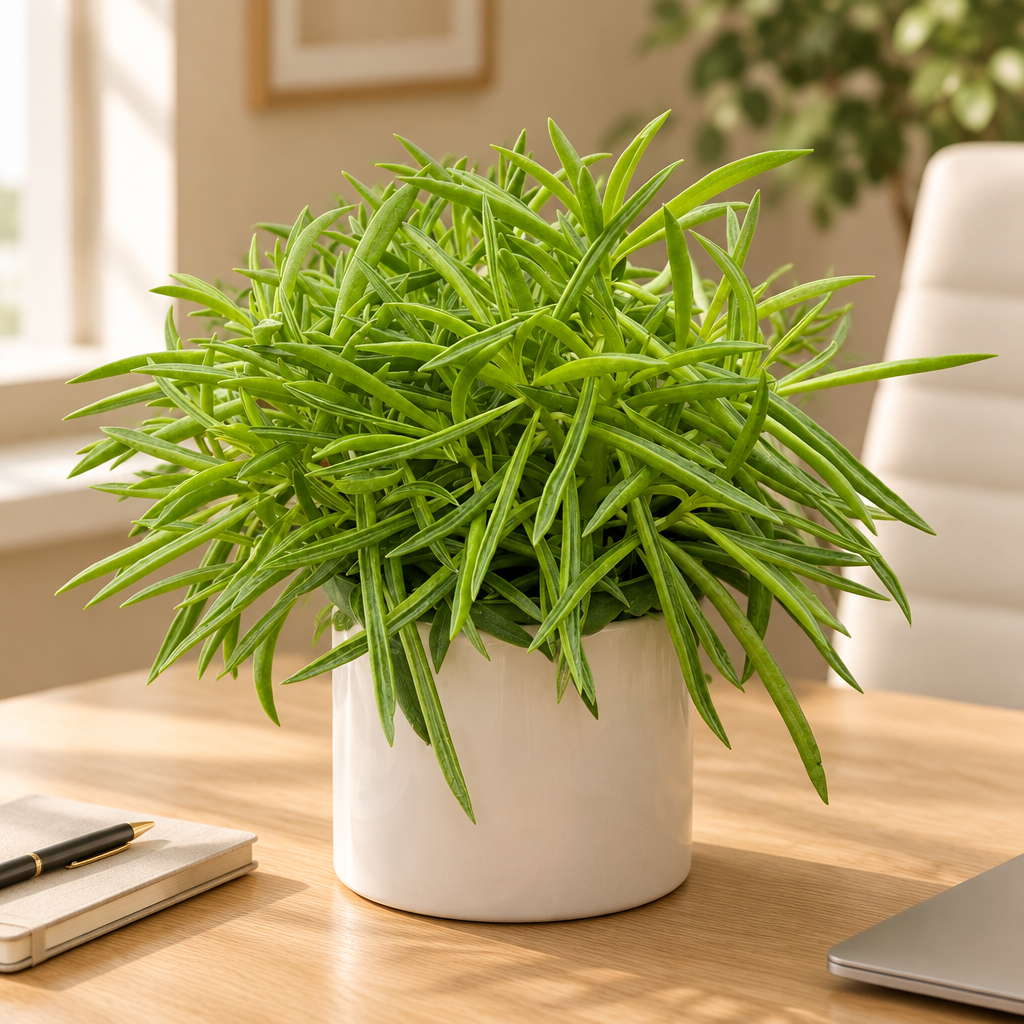 Peperomia Green Bean with dense, slender green leaves in a white ceramic pot on a light oak desk beside a notebook and laptop.