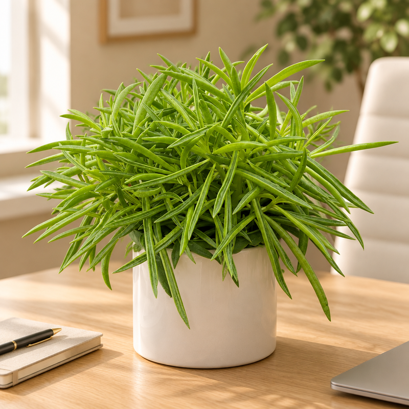 Peperomia Green Bean with dense, slender green leaves in a white ceramic pot on a light oak desk beside a notebook and laptop.