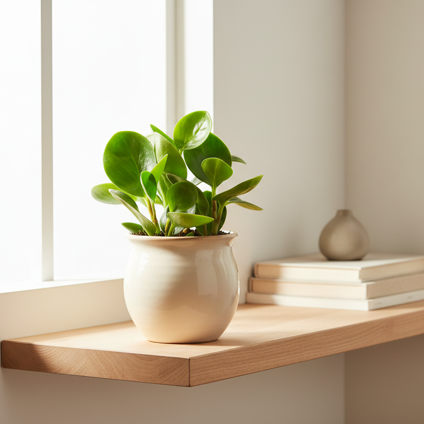 Peperomia Obtusifolia on desk - compact Baby Rubber Plant home office decor
