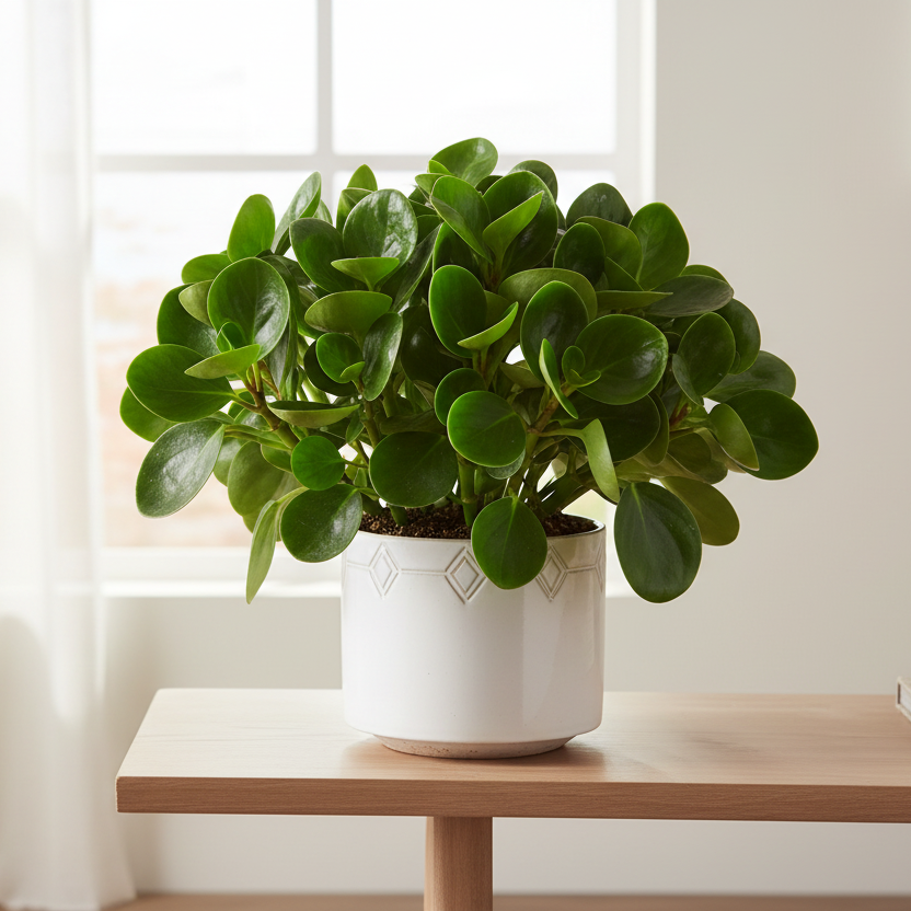 Mature Peperomia Obtusifolia on console table - large Baby Rubber Plant statement houseplant