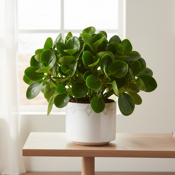 Mature Peperomia Obtusifolia on console table - large Baby Rubber Plant statement houseplant