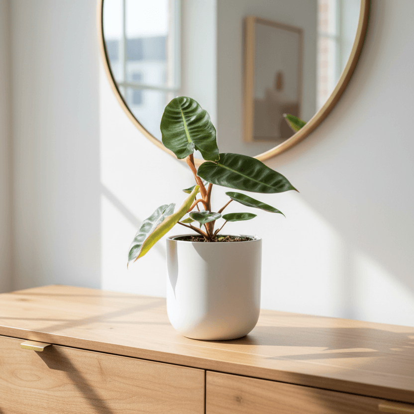 Philodendron Billietiae on console table - statement plant with orange stems home decor