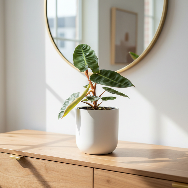 Philodendron Billietiae on console table - statement plant with orange stems home decor