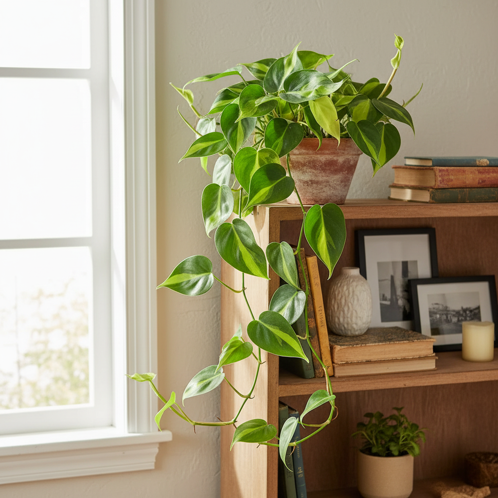 Philodendron Brasil with lime-yellow and green variegated trailing vines in shelf - easy-care humidity-loving houseplant
