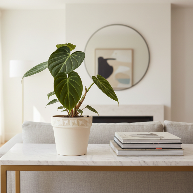 Philodendron Gloriosum in decorative pot on console table - luxury indoor plant home decor