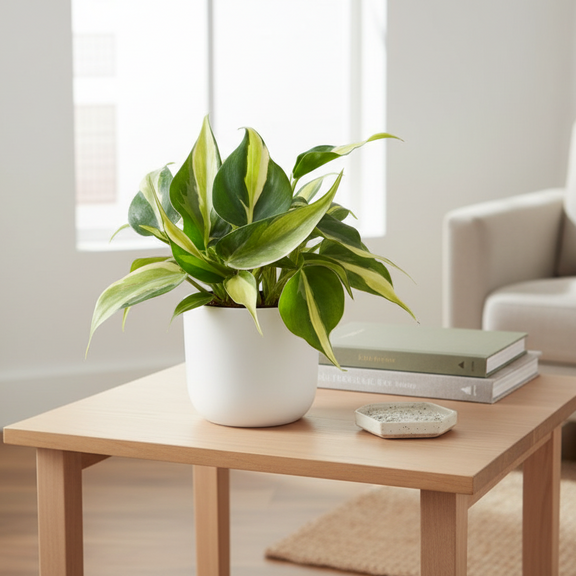 Philodendron Silver Stripe in decorative pot on shelf - variegated indoor plant home decor