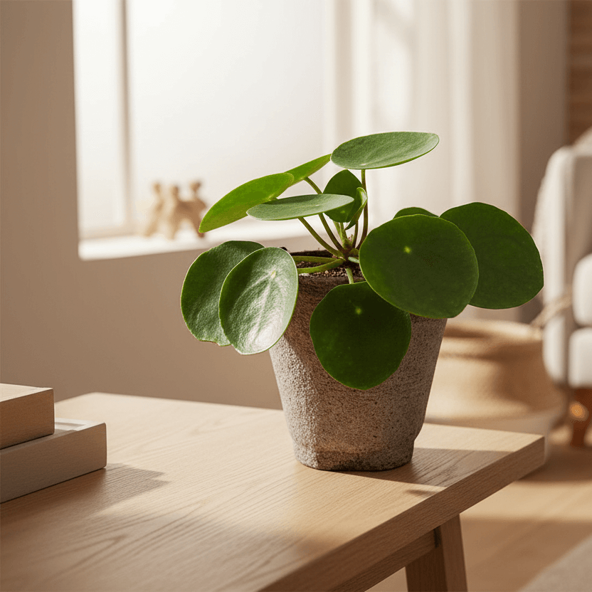 Pilea Peperomioides Houseplant on wood table in a cozy living room by All About Planties