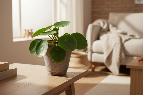 Pilea Peperomioides Houseplant on wood table in a cozy living room by All About Planties
