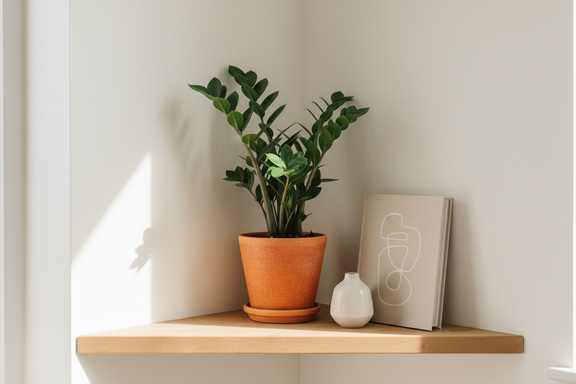 ZZ Plant as Low light houseplant on corner shelf in bright room creating plant display area
