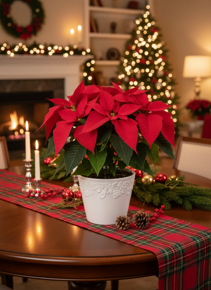 Poinsettia Redl ive plant traditional Christmas setting by All About Planties