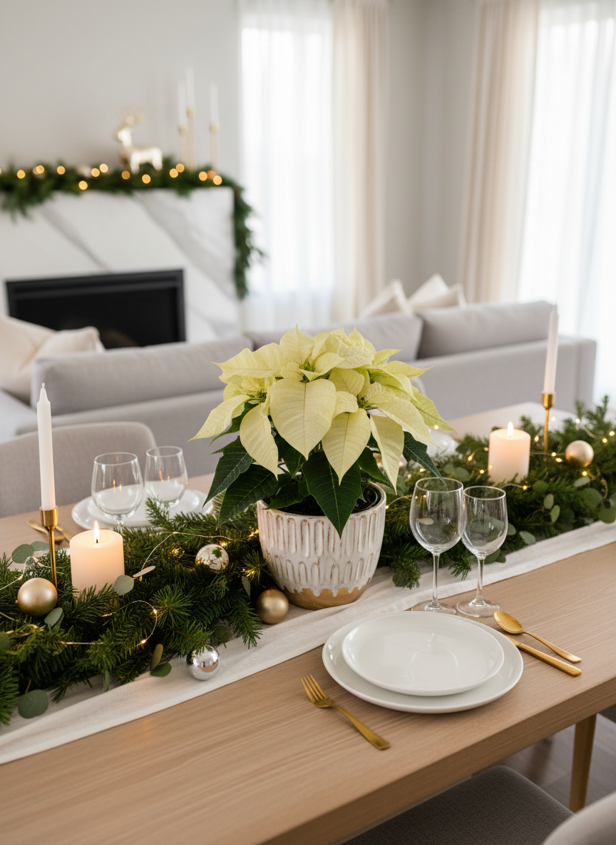 Poinsettia White lifestyle image in elegant holiday setting