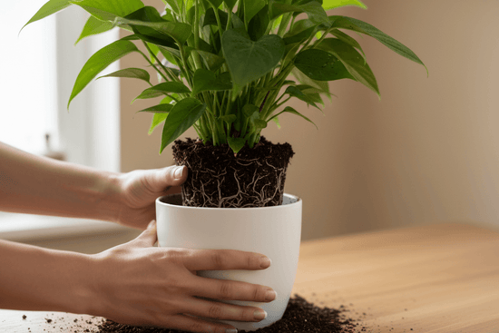 Hands repotting a healthy indoor houseplant into fresh soil in a white ceramic pot on a wood surface