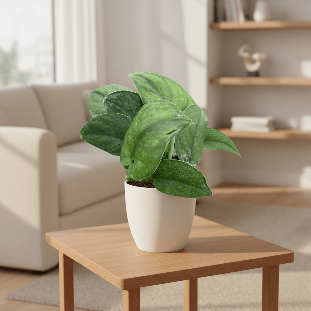 Pothos Jade Satin on table in living room by All About Planties™