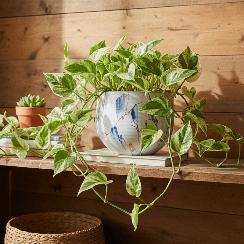 Pothos Marble Queen Lifestyle - Warm Wood Background