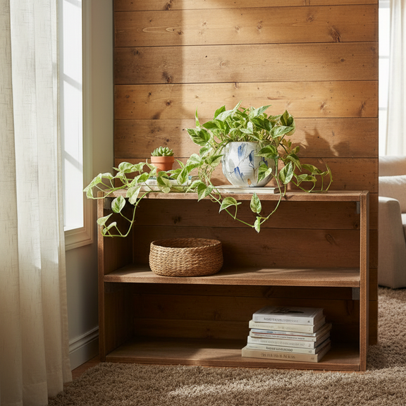 Pothos Marble Queen styled on wooden shelf - trailing variegated houseplant home decor inspiration
