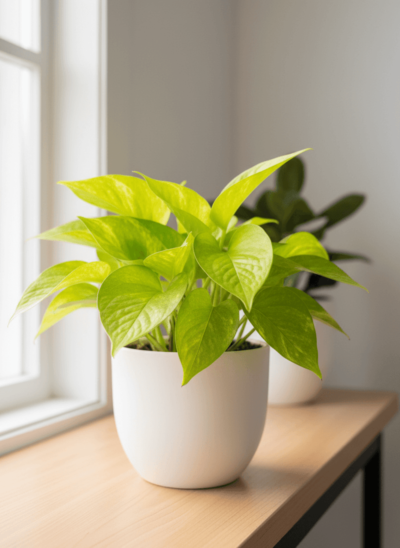Close-up of Pothos Neon Queen on a table available at All About Planties™.