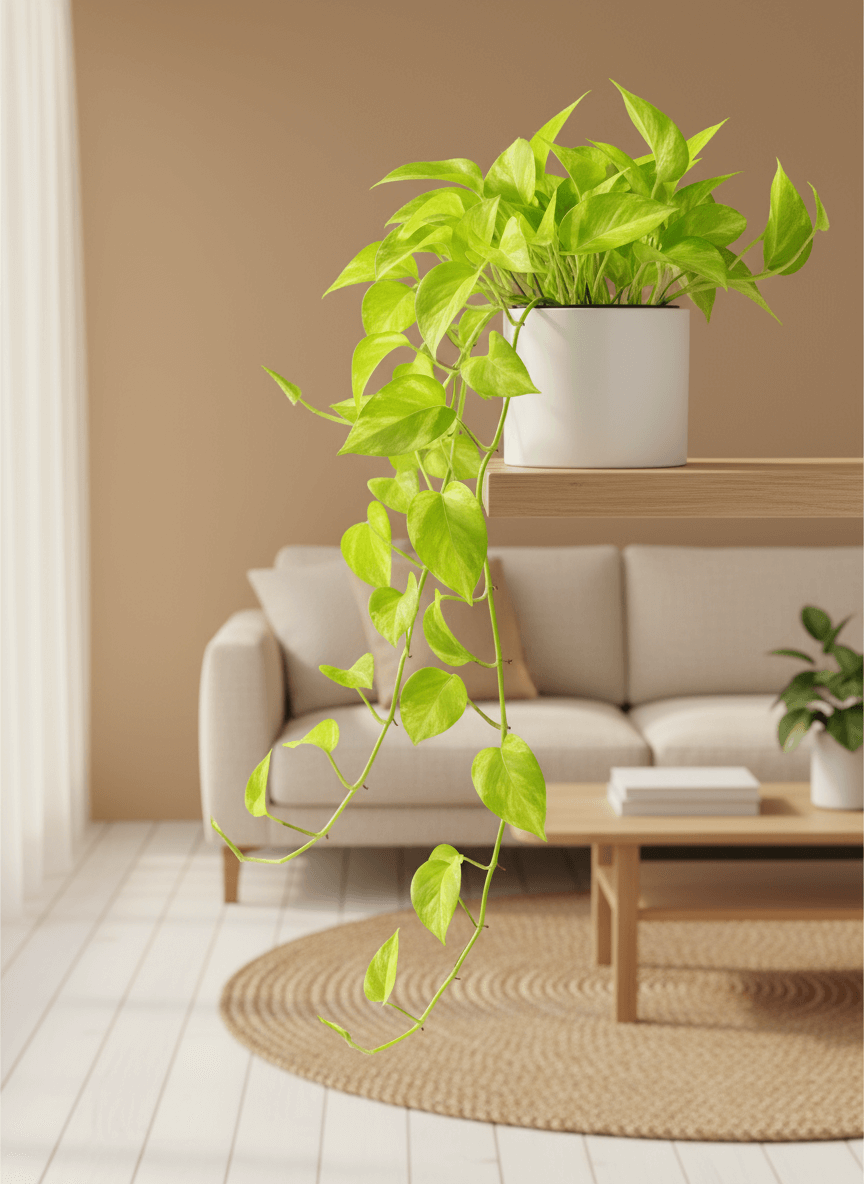 Pothos Neon Queen trailing plant in living room available at All About Planties™.