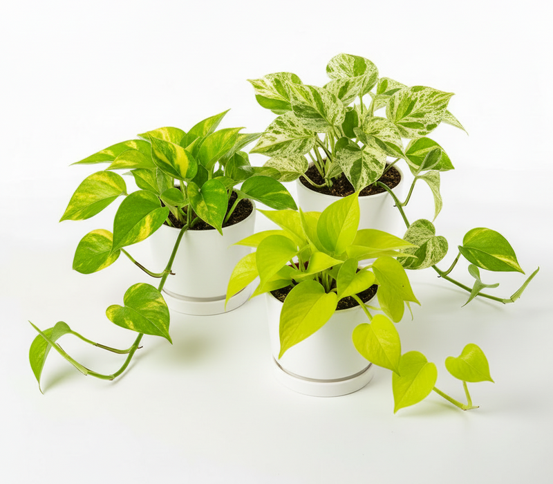 Pothos trio collection in white plastic pots with saucers – Golden, Marble Queen and Neon Pothos indoor houseplants