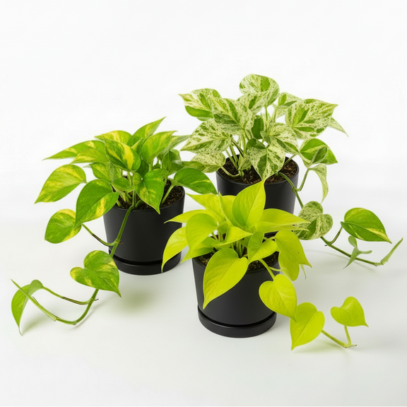 Pothos trio collection in black plastic pots with saucers – Golden, Marble Queen and Neon Pothos indoor houseplants