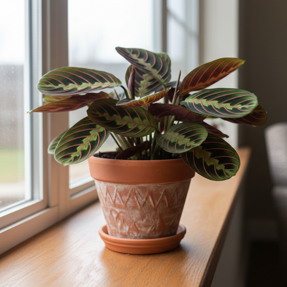 Maranta Red Prayer Plant - oval leaves with pink veins and herringbone pattern houseplant