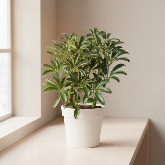 Umbrella Schefflera Arboricola on table by All About Planties