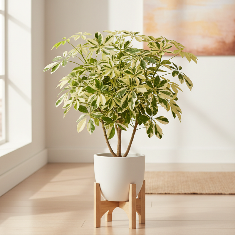 Schefflera Moonlight umbrella plant with variegated green and white leaves in white pot on wooden stand in bright modern interior