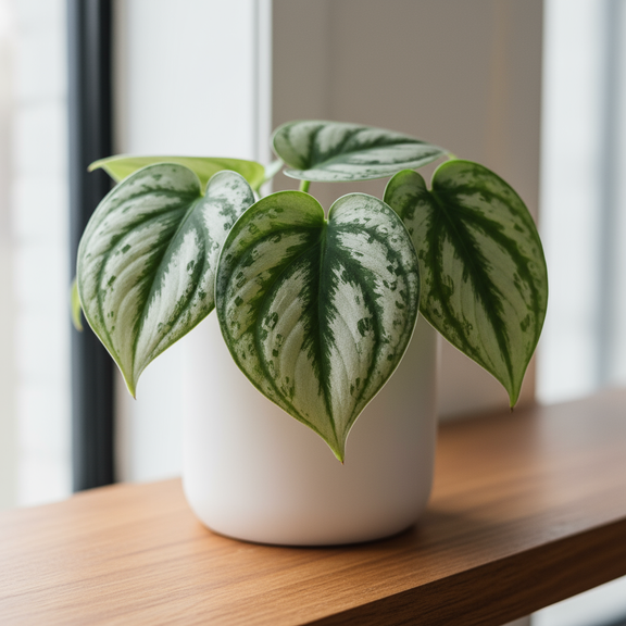 Close up Pothos Silver Satin with silvery green leaves in a 4-inch pot, available at All About Planties.
