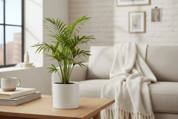 Potted plant on a wooden coffee table in a living room with a couch and books.