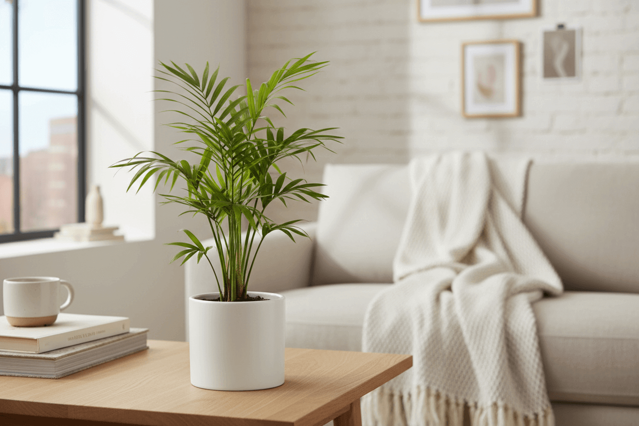 Potted plant on a wooden coffee table in a living room with a couch and books.