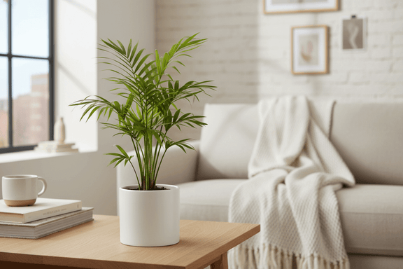 Potted plant on a wooden coffee table in a living room with a couch and books.