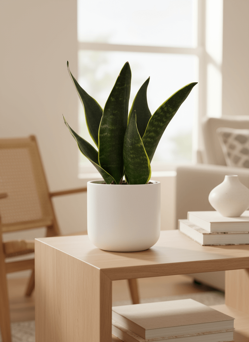 Snake Plant Fabi in living room table by All About Planties™
