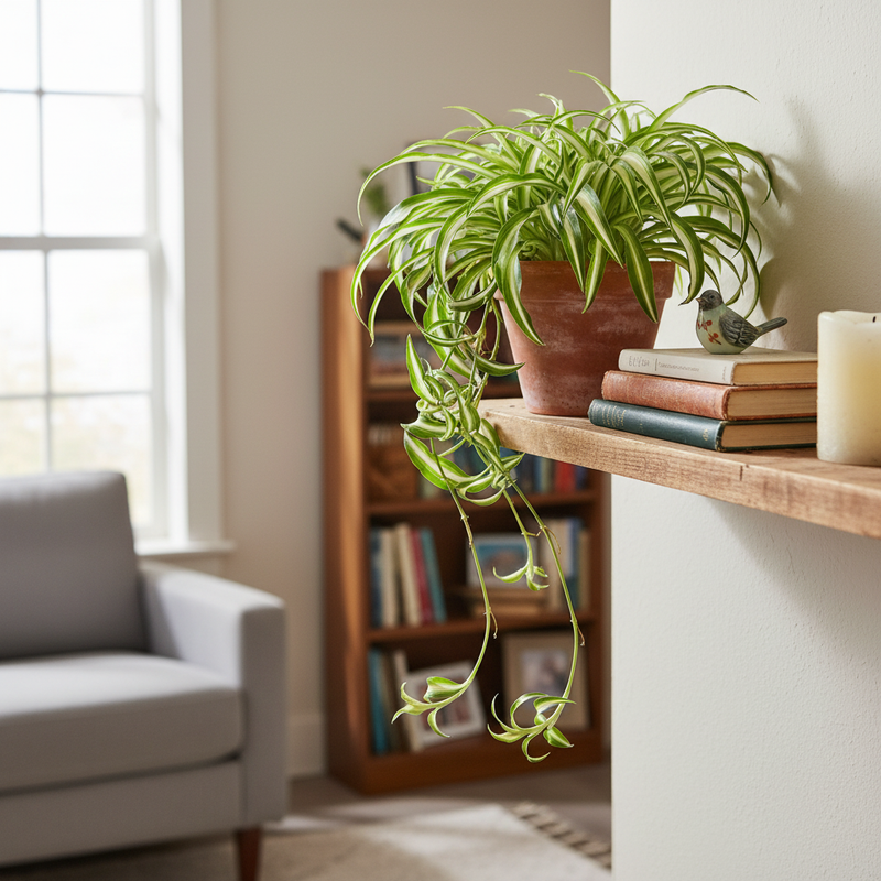 Spider Plant Bonnie on shelf in a cozy space by All About Planties