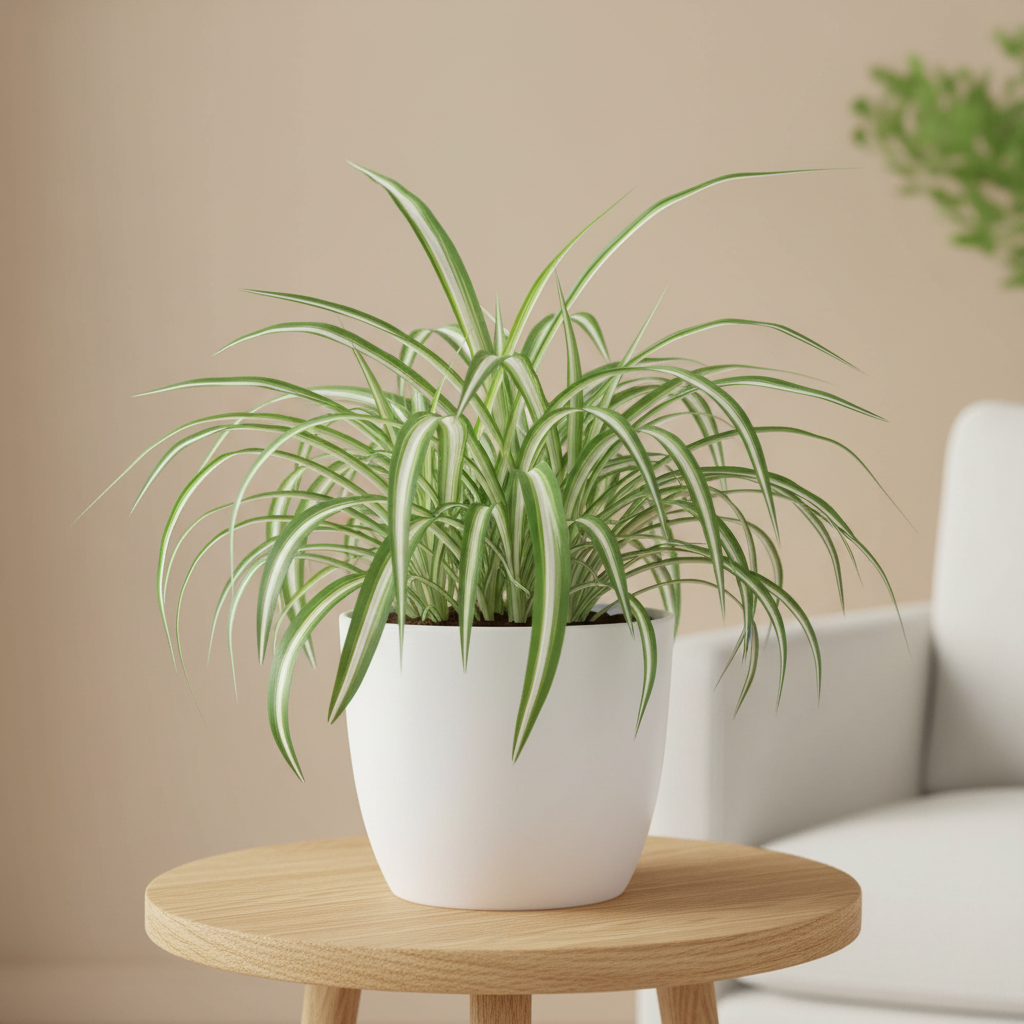 Spider Plant Reverse in white ceramic pot on oak wood stand – variegated indoor houseplant by All About Planties