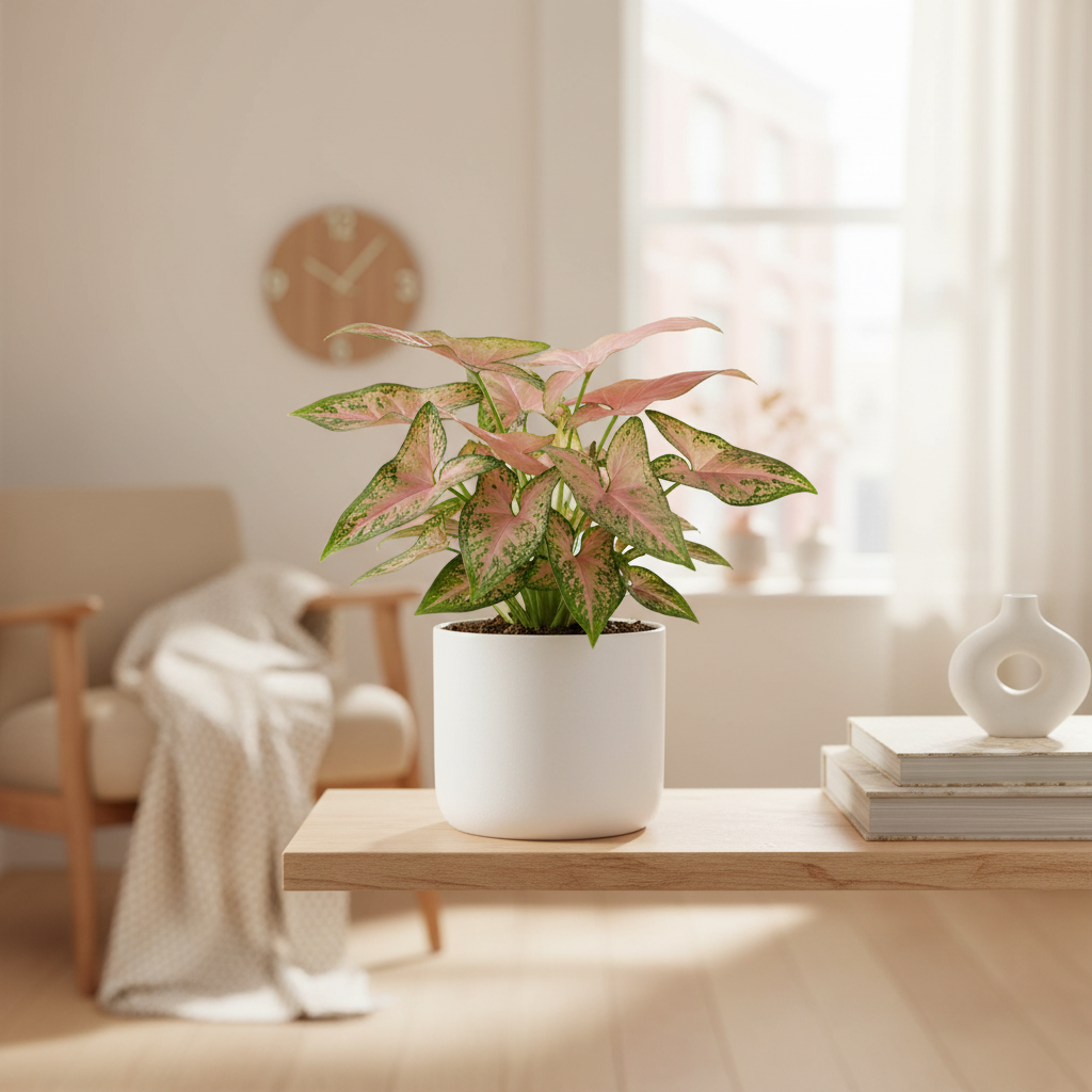 Syngonium Pink Splash plant details on living room from All About Planties