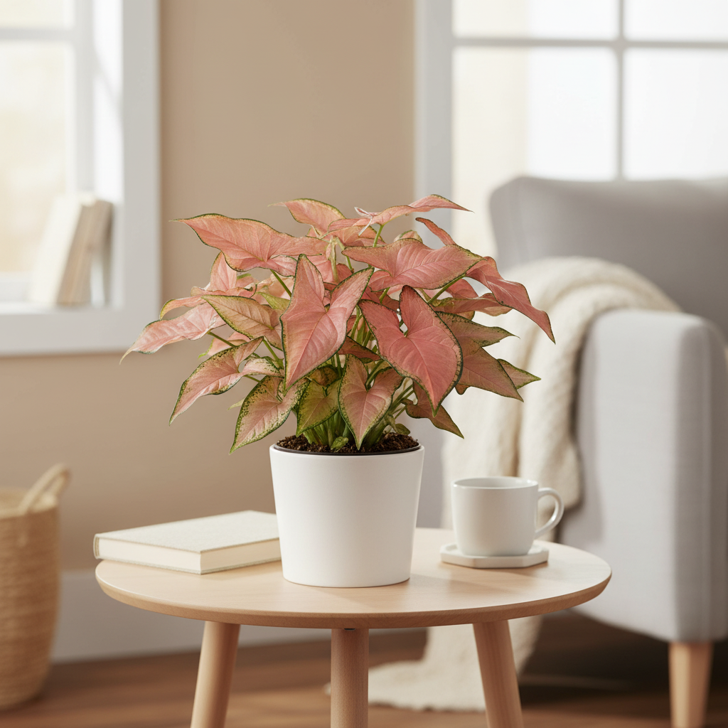 Syngonium Pink Splash on wood table available at All About Planties