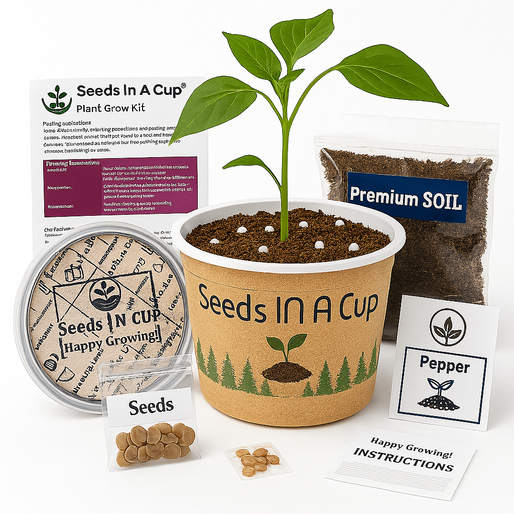 Seeds in a Cup plant grow kit with growing container, soil, and instructions on a white background