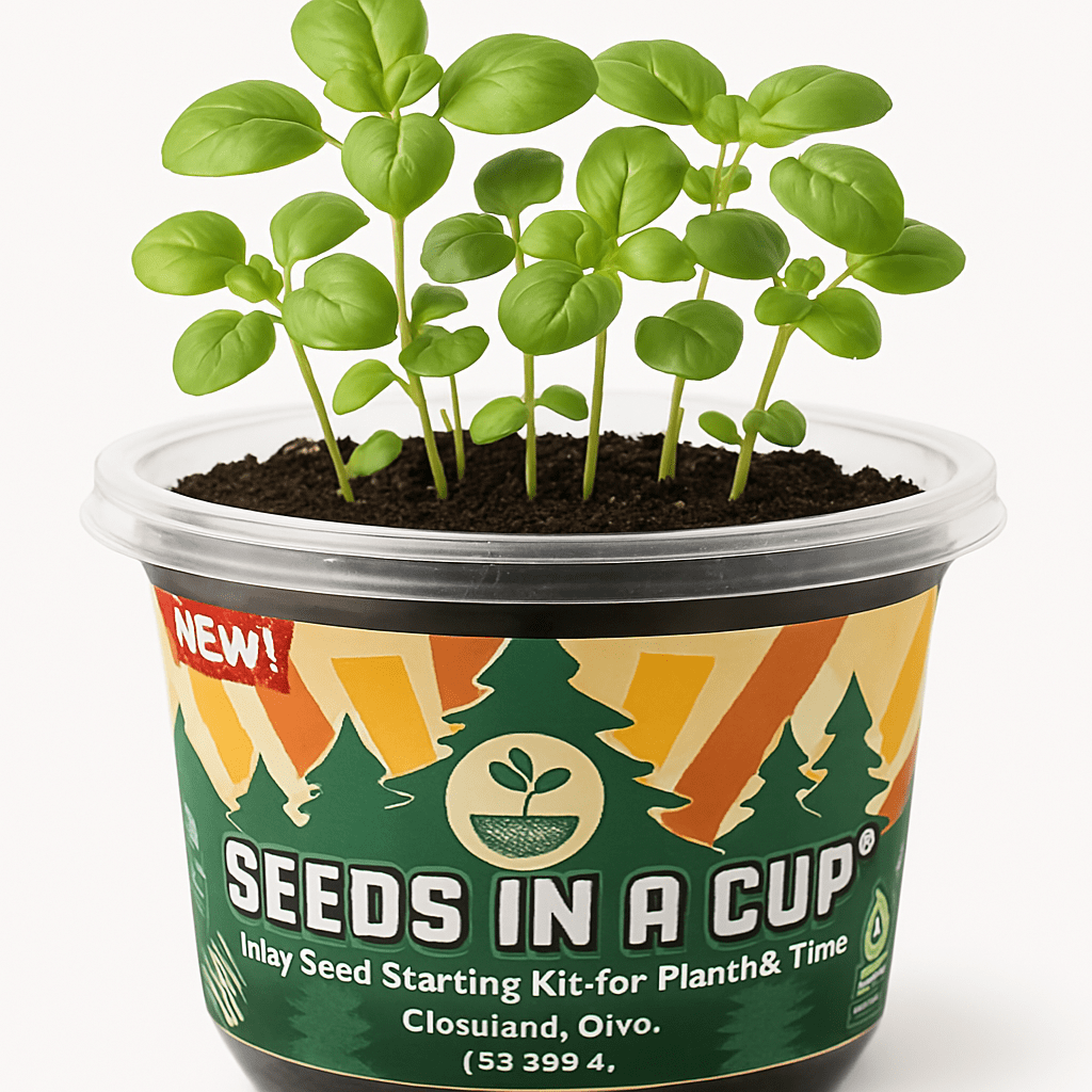 Potted plant with 'Seeds in a Cup' label on a white background