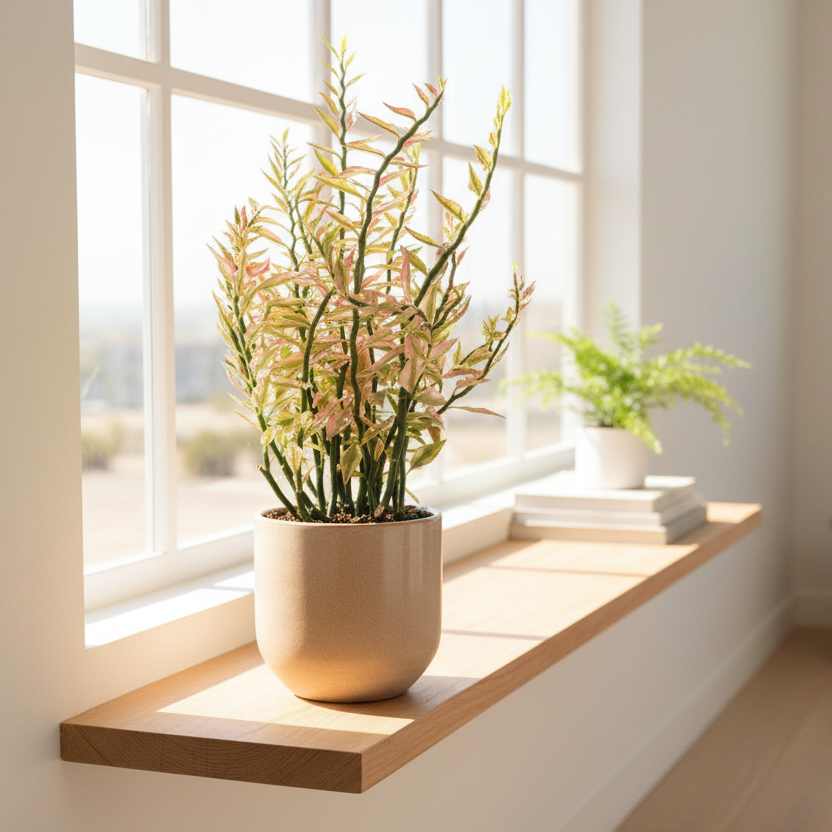 Architectural Variegated Devil's Backbone plant used as modern home decor in a bright room.