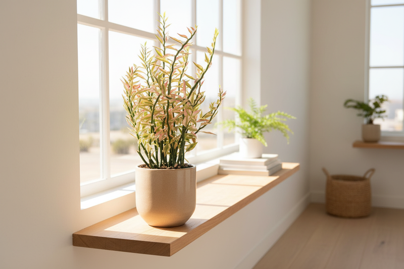 Architectural Variegated Devil's Backbone plant used as modern home decor in a bright room.