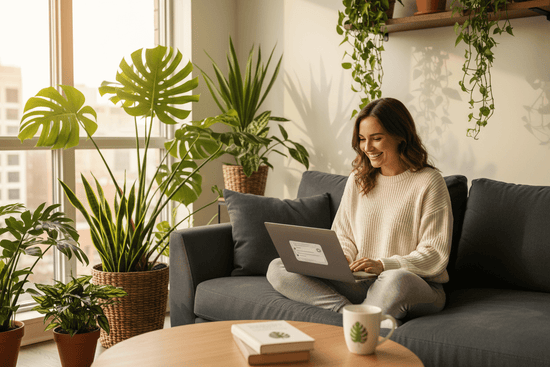 Woman chatting with Flora on laptop